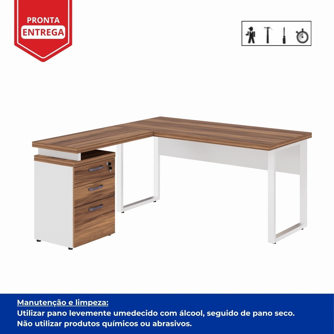 Mesa Escritório em “L” c/ Gaveteiro 1,50×1,50m NOGAL SEVILHA/BRANCO - 34339 - Imagem 3
