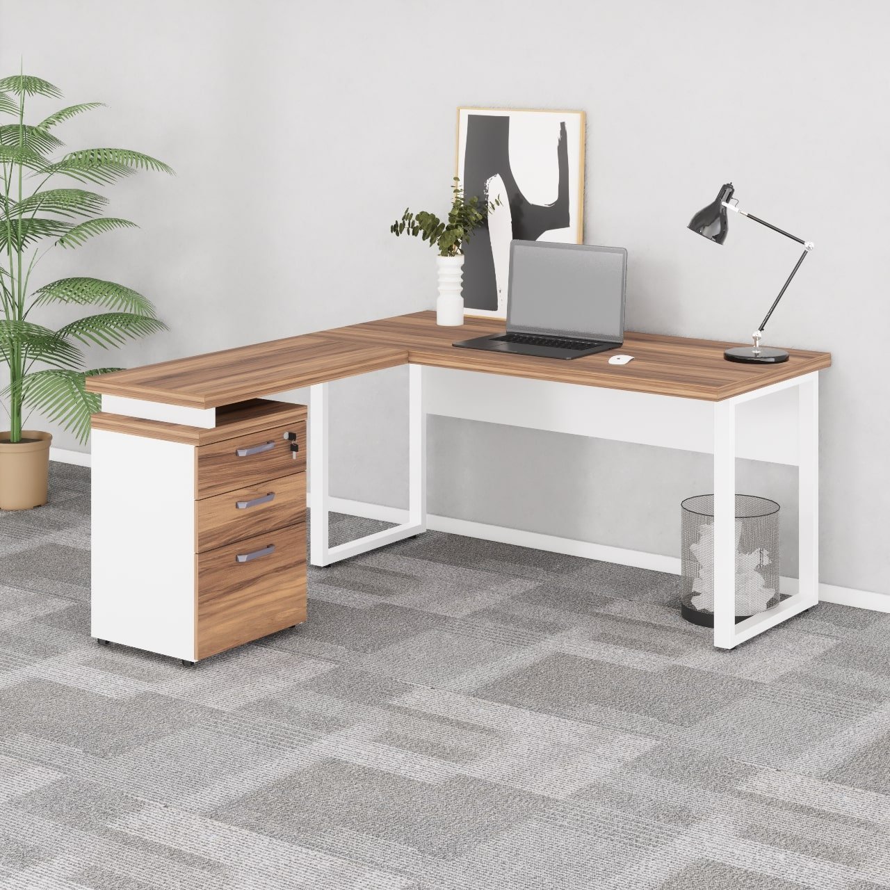 Mesa Escritório em “L” c/ Gaveteiro 1,50×1,50m NOGAL SEVILHA/BRANCO - 34339 - Imagem 6