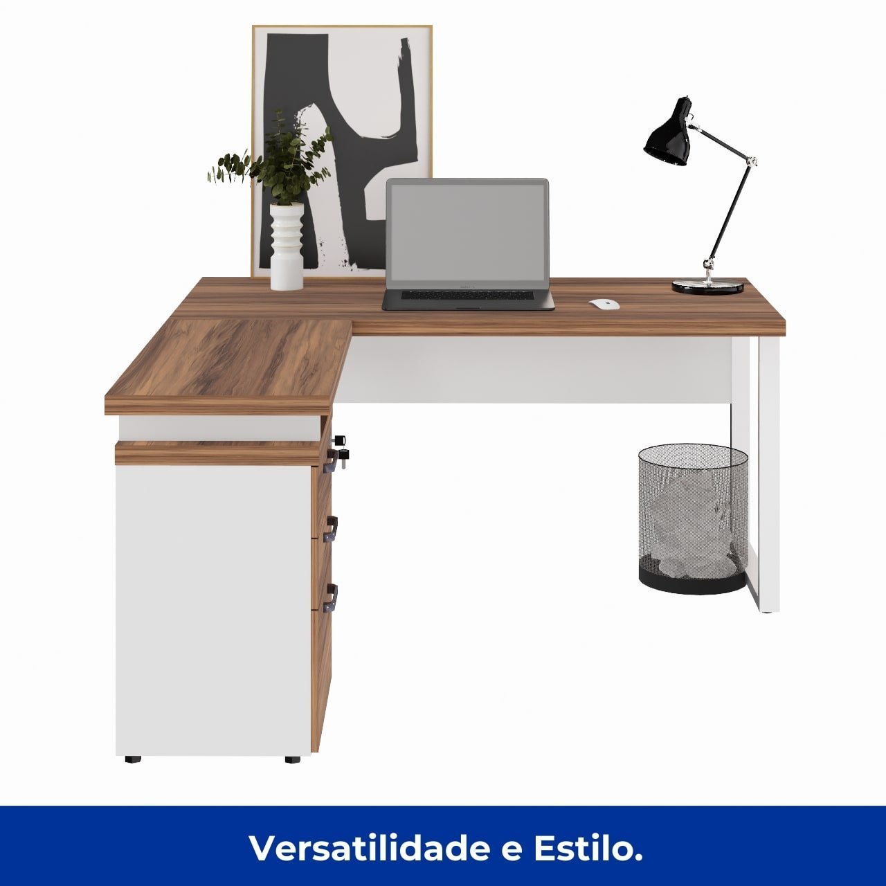 Mesa Escritório em “L” c/ Gaveteiro 1,50×1,50m NOGAL SEVILHA/BRANCO - 34339 - Imagem 4