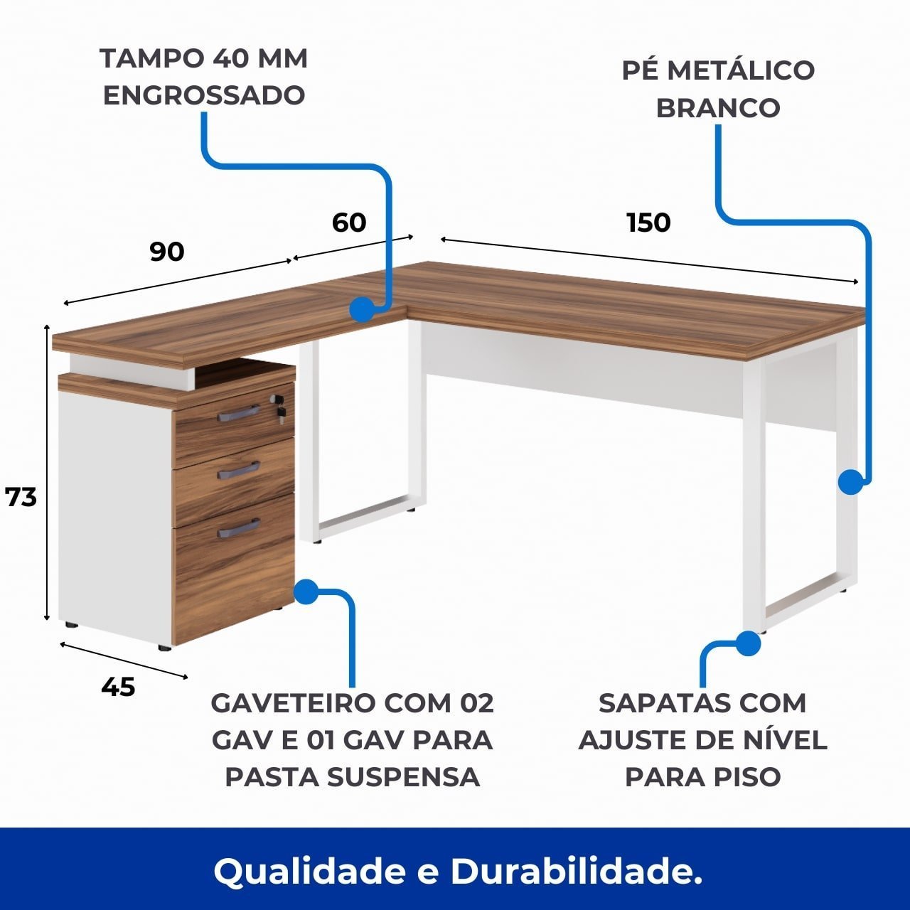 Mesa Escritório em “L” c/ Gaveteiro 1,50×1,50m NOGAL SEVILHA/BRANCO - 34339 - Imagem 2