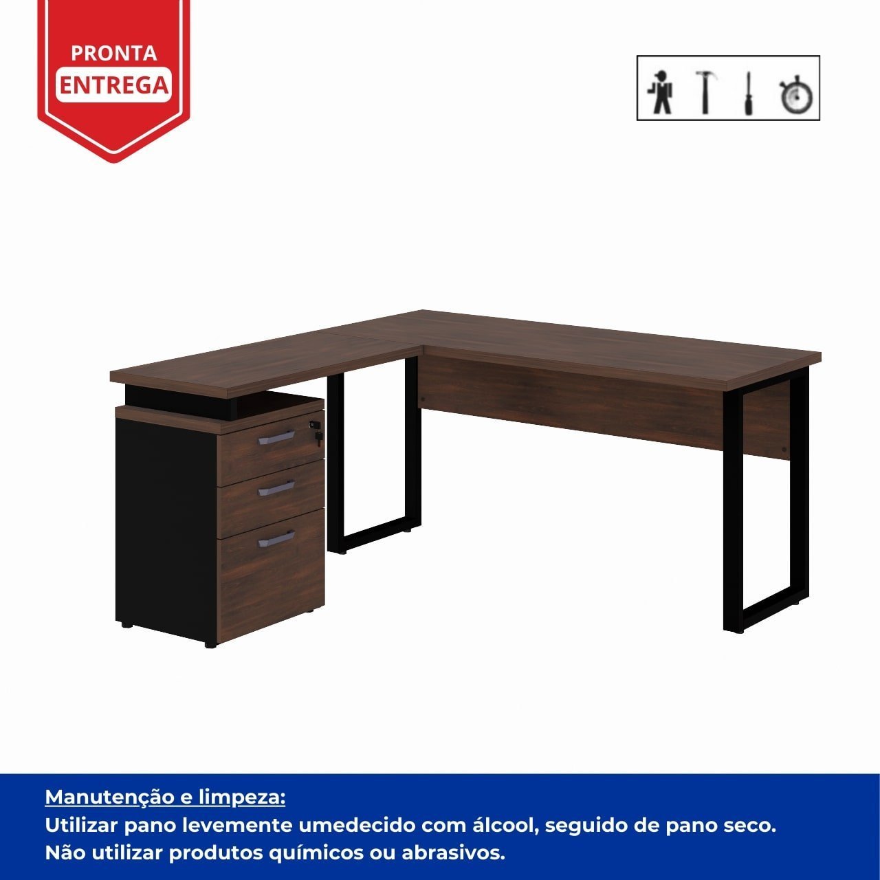 Mesa Escritório em “L” c/ Gaveteiro 1,70m MARSALA/PRETO - 34441 - Imagem 3