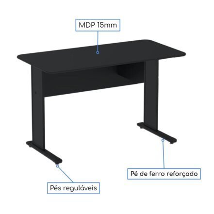 Mesa Escritório 1,50x0,60m 15MM - S/GAVETAS - PRETO / PRETO - JOB - 23333 - Imagem 2