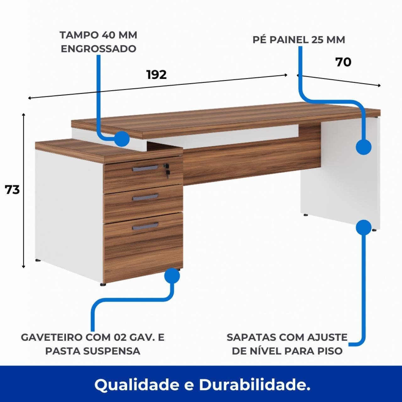 Mesa PEDESTAL RETA (03 Gav.) - 1,92X0,70m - WORKSTART - NOGAL SEVILHA/BRANCO- 34405 - Imagem 5