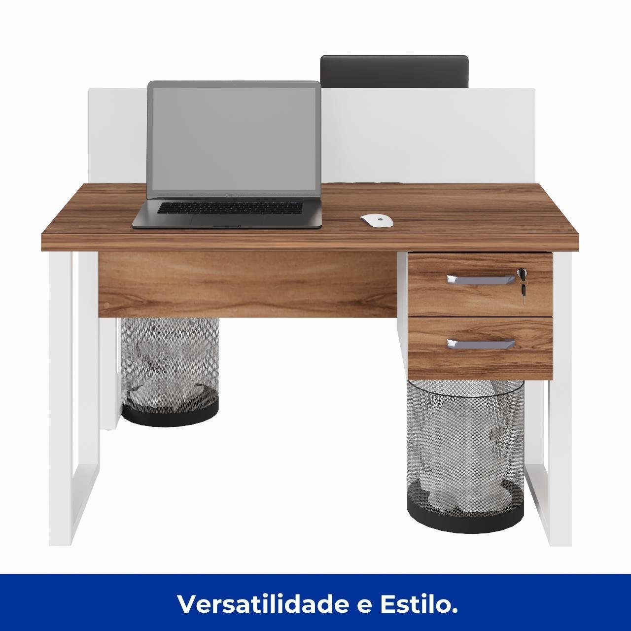 Estação de Trabalho Dupla 1,20×1,35m c/ 02 Gavetas c/ ponto de tomada PÉ QUADRO – Cor Nogal Sevilha/Branco - 34423 - Imagem 9