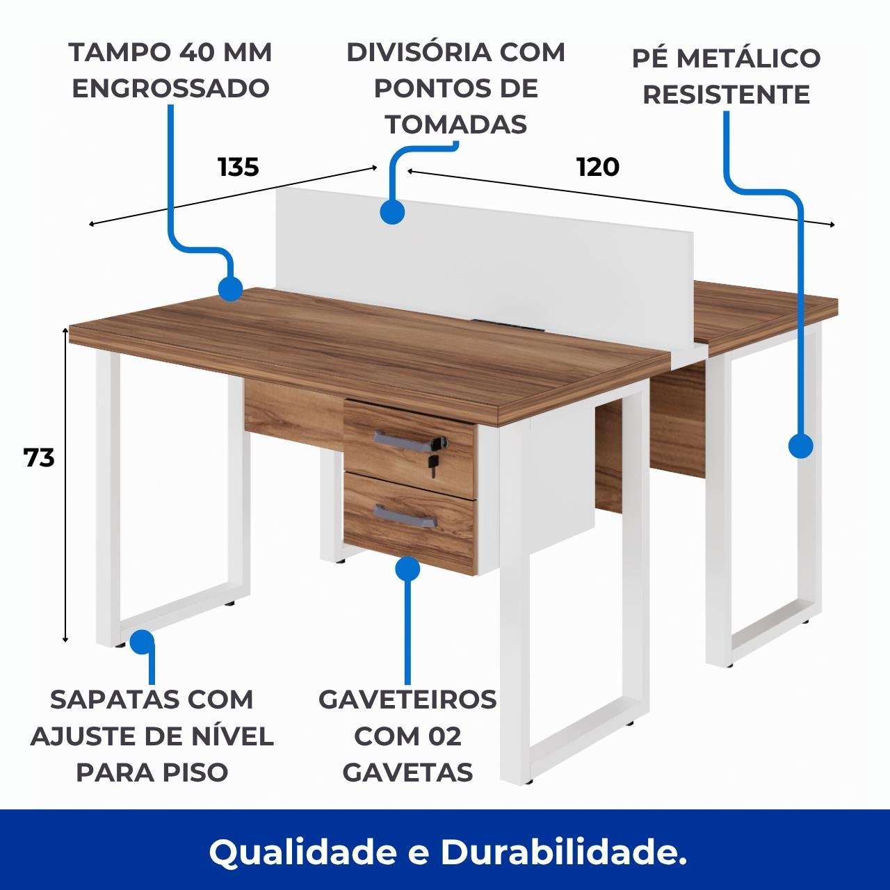 Estação de Trabalho Dupla 1,20×1,35m c/ 02 Gavetas c/ ponto de tomada PÉ QUADRO – Cor Nogal Sevilha/Branco - 34423 - Imagem 6
