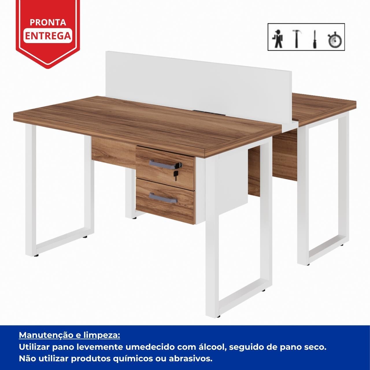 Estação de Trabalho Dupla 1,20×1,35m c/ 02 Gavetas c/ ponto de tomada PÉ QUADRO – Cor Nogal Sevilha/Branco - 34423 - Imagem 3