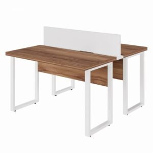 Estação de Trabalho Dupla 1,20×1,35m sem Gavetas c/ ponto de tomada PÉ QUADRO – Cor Nogal Sevilha/Branco - 34424