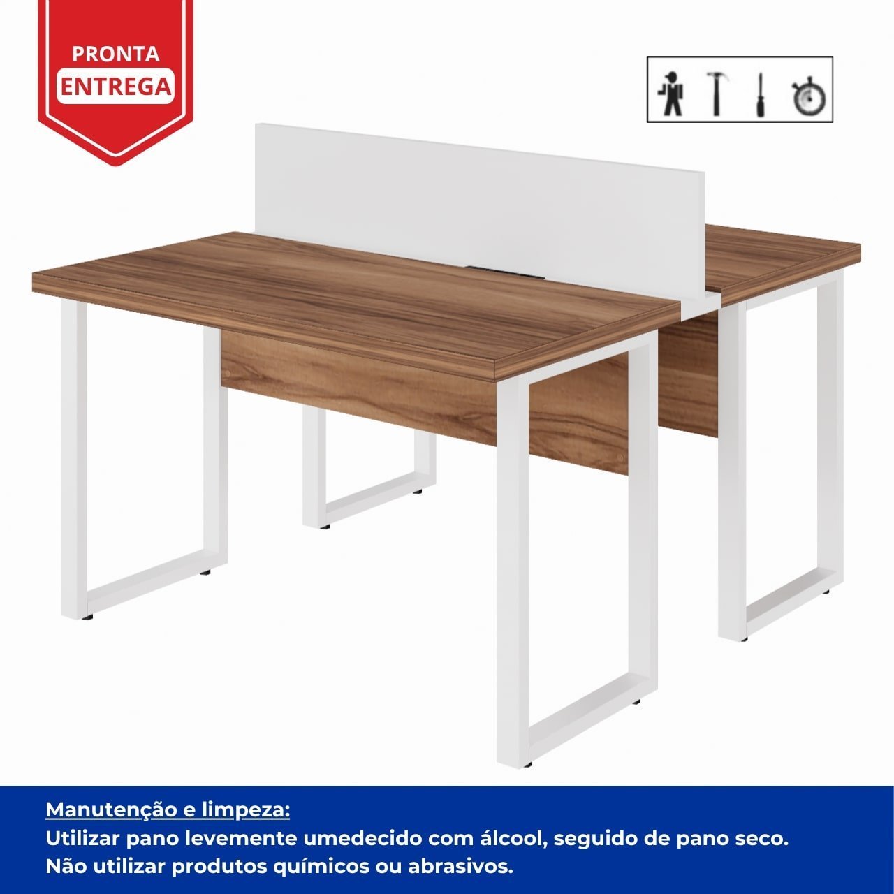 Estação de Trabalho Dupla 1,20×1,35m sem Gavetas c/ ponto de tomada PÉ QUADRO – Cor Nogal Sevilha/Branco - 34424 - Imagem 5