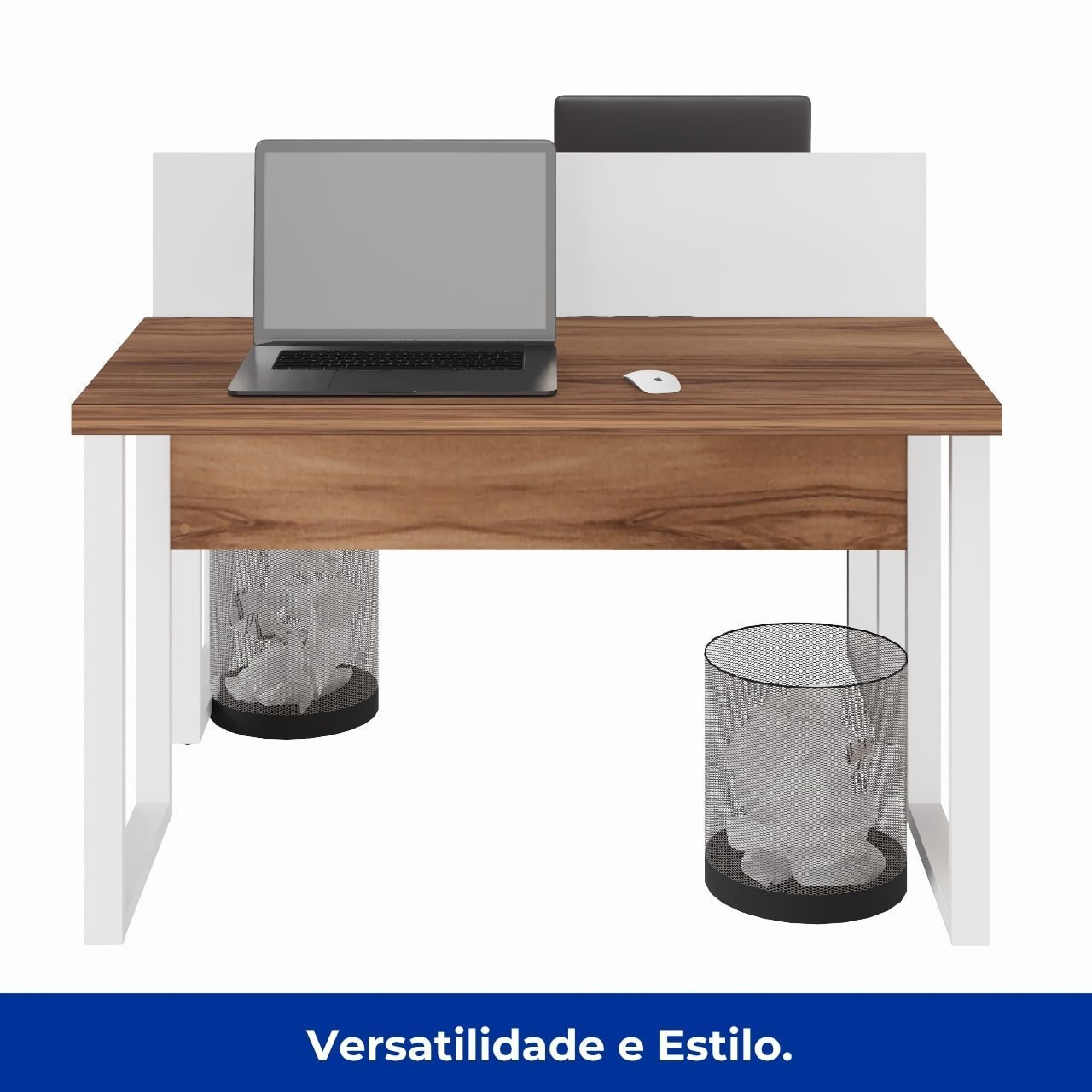 Estação de Trabalho Dupla 1,20×1,35m sem Gavetas c/ ponto de tomada PÉ QUADRO – Cor Nogal Sevilha/Branco - 34424 - Imagem 7