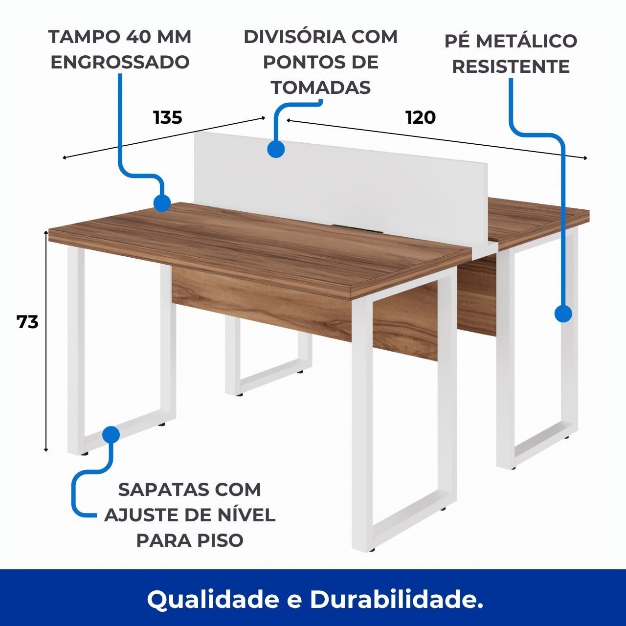 Estação de Trabalho Dupla 1,20×1,35m sem Gavetas c/ ponto de tomada PÉ QUADRO – Cor Nogal Sevilha/Branco - 34424 - Imagem 3