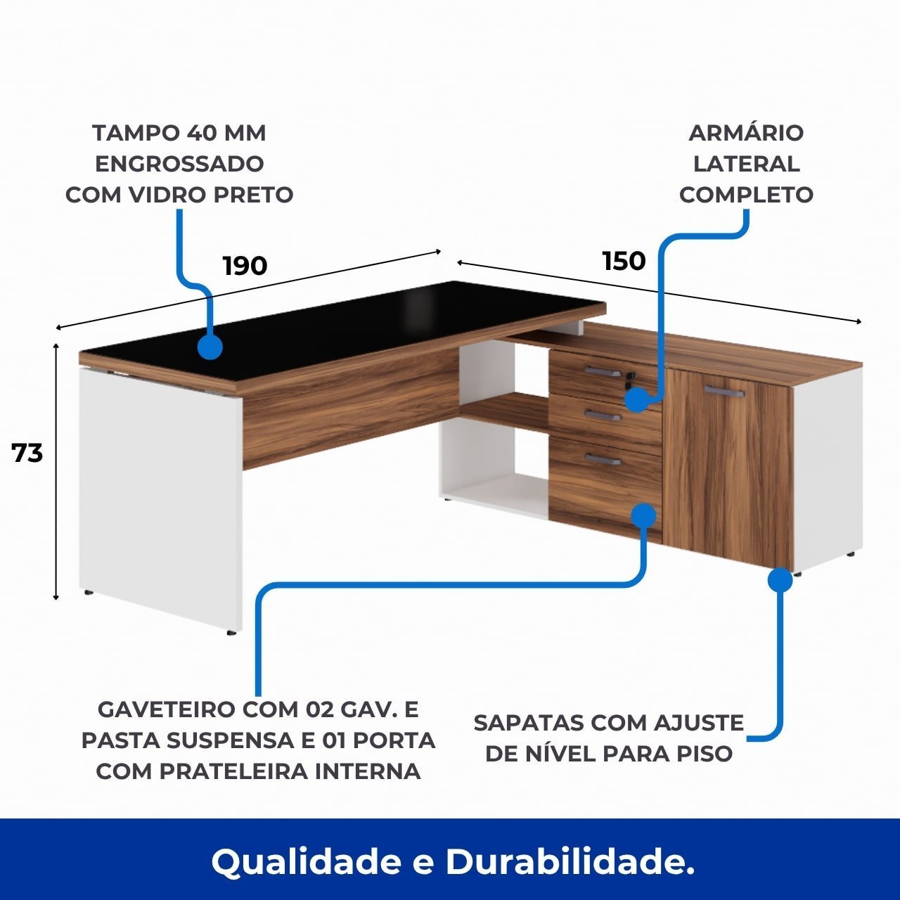 Mesa Diretorzinha c/ Aparador e Vidro Fumê - Pé de MADEIRA - 1,90x1,50m - NOGAL SEVILHA / BRANCO - 34429 - Imagem 2