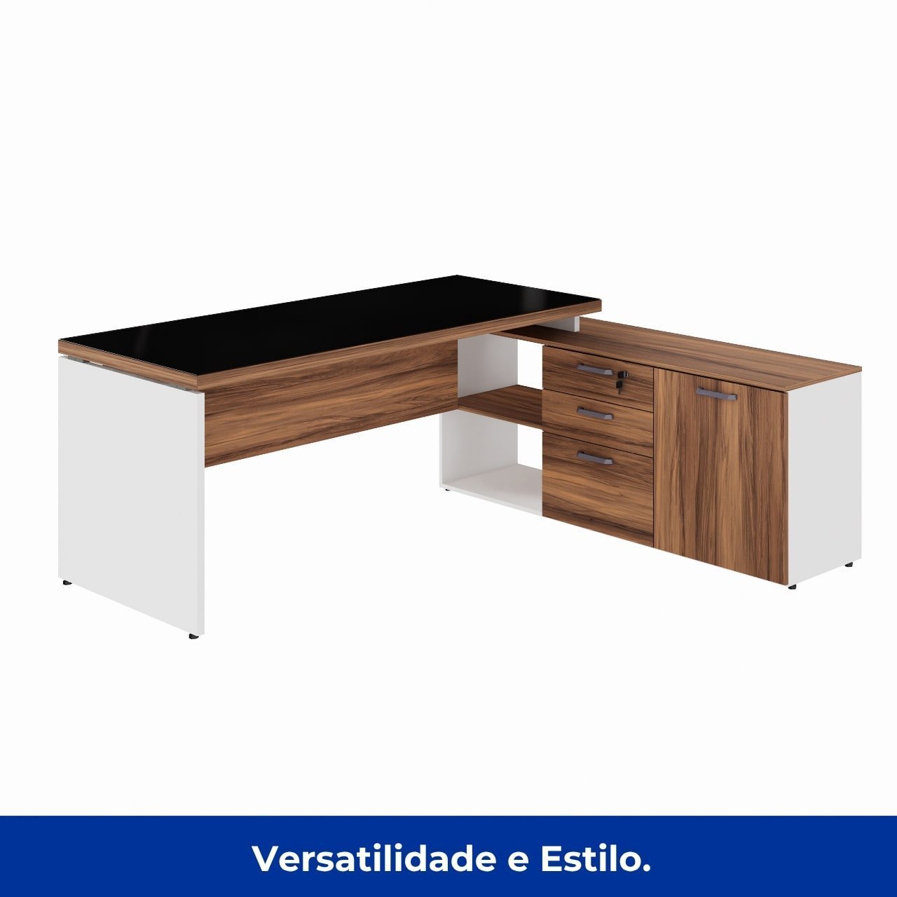 Mesa Diretorzinha c/ Aparador e Vidro Fumê - Pé de MADEIRA - 1,90x1,50m - NOGAL SEVILHA / BRANCO - 34429 - Imagem 6