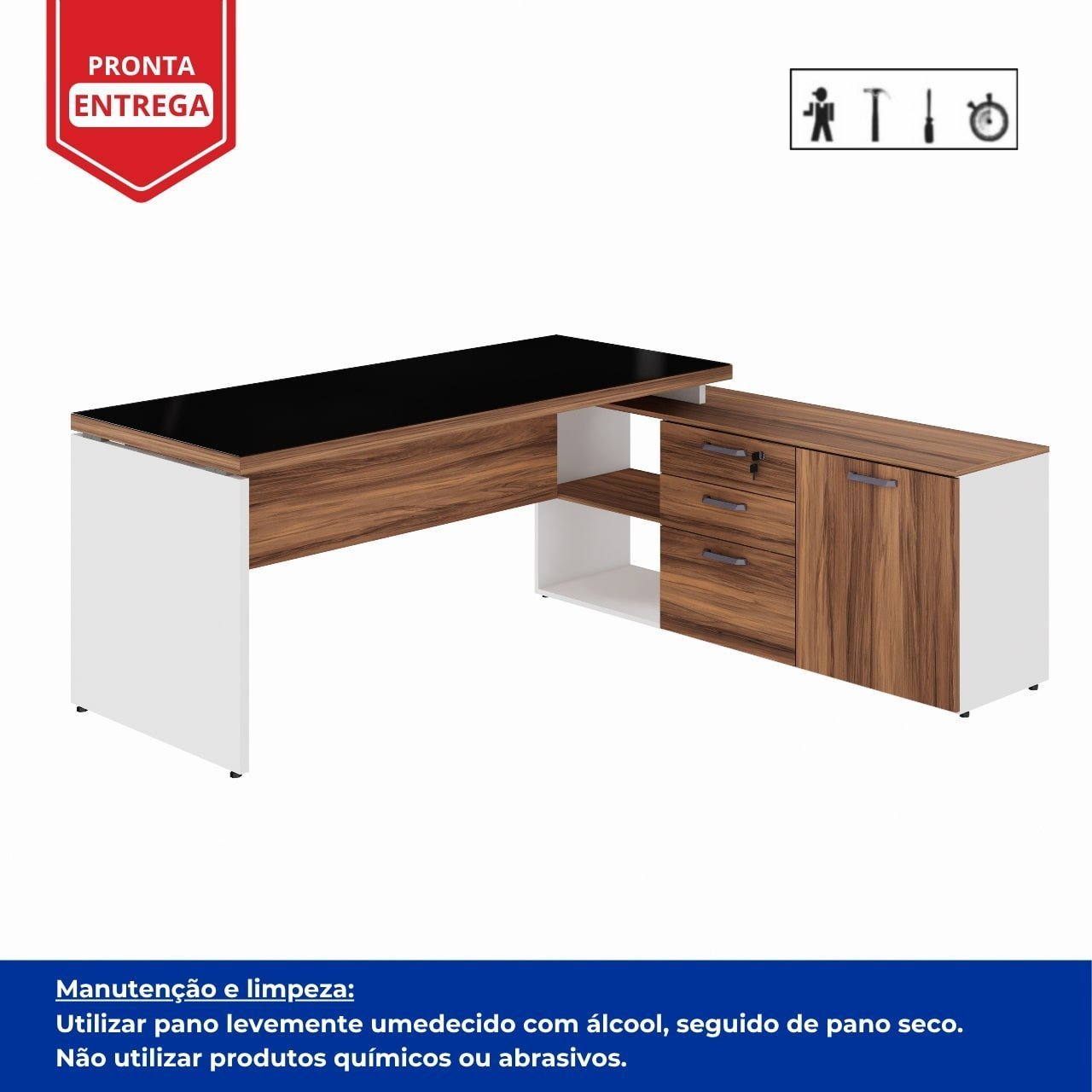 Mesa Diretorzinha c/ Aparador e Vidro Fumê - Pé de MADEIRA - 1,90x1,50m - NOGAL SEVILHA / BRANCO - 34429 - Imagem 4