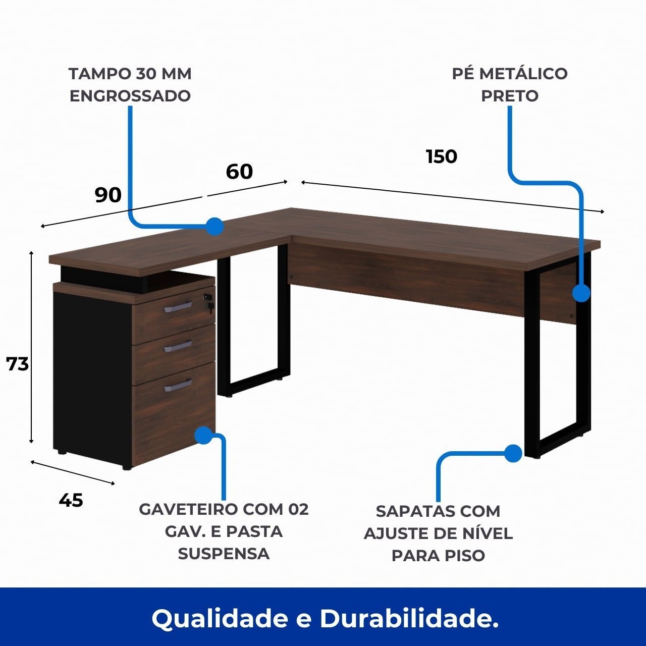 Mesa Escritório em “L” c/ Gaveteiro 1,50m MARSALA/PRETO - 34440 - Imagem 3