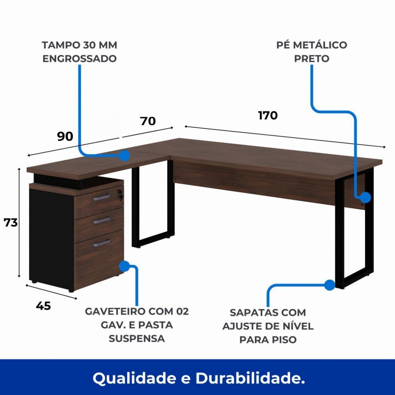 Mesa Escritório em “L” c/ Gaveteiro 1,70m MARSALA/PRETO - 34441 - Imagem 7